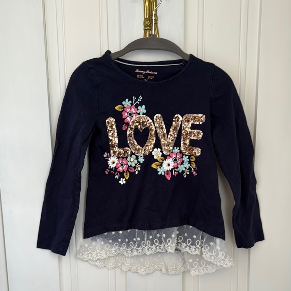Tommy Bahama Blue and Gold Long Sleeve Tee with Graphic Design size 5/6